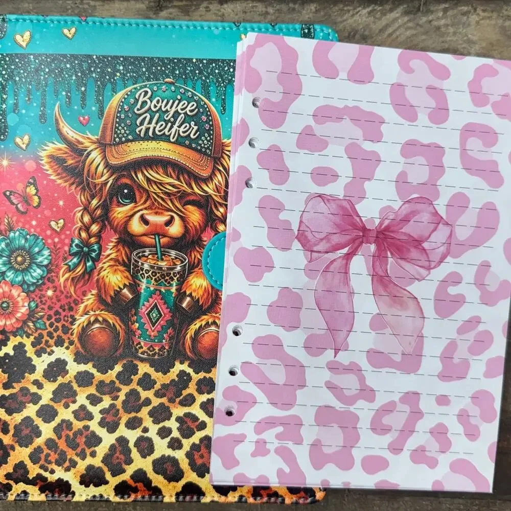 Highland Cow Boujee Heifer A5 Binder with stationery paper, mousepad, & tote bag